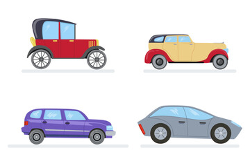 Automobiles of various ages vector illustration set. Cars, vehicles, transport. Progress of modes of transportation concept