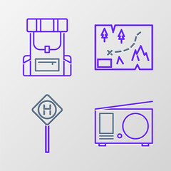 Set line Radio with antenna, Parking, Folded map location and Hiking backpack icon. Vector
