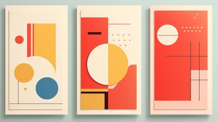 Abstract covers design set with flat design posters in retro hues, showcasing minimal geometric shapes.