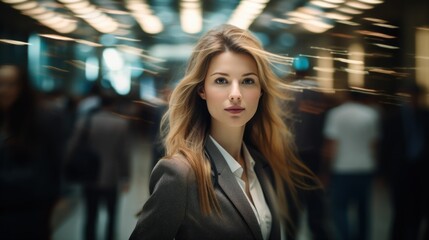 A mesmerizing long exposure photo captures a blurred image of a determined businesswoman gracefully navigating through a bustling crowd.