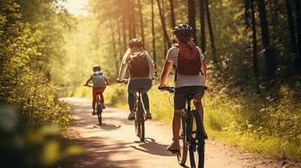 Obraz premium Group of riders pedaling through a picturesque forest trail.