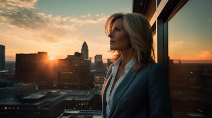 Businesswoman admiring sunset from office window in formal attire