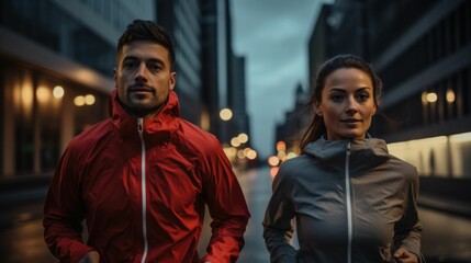 Fototapeta na wymiar Active couple enjoying a rainy run together