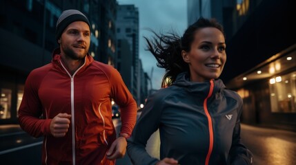 Active couple enjoying a rainy run together