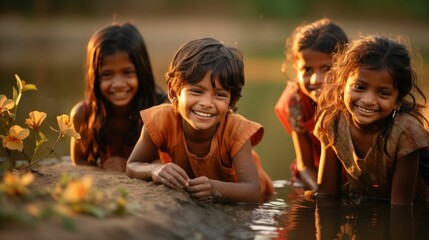 African children smiling with the joy of finding water. - obrazy, fototapety, plakaty
