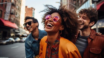 Group of friends strolling through urban street.