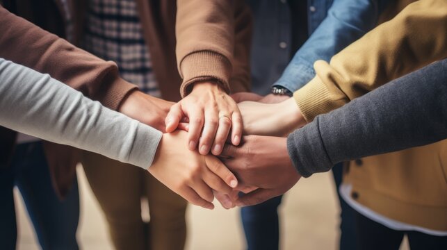 A group of people from different backgrounds holding hands together.