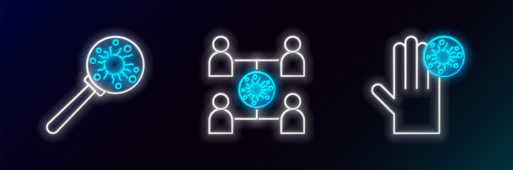 Set line Hand with virus, Virus under magnifying glass and spread icon. Glowing neon. Vector