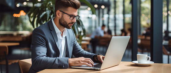Selective focus of businessman in eyeglasses using laptop in cafe.