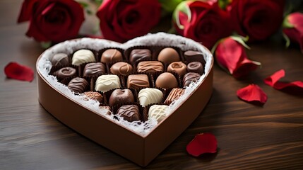 Valentines day background wallpaper, chocolate love, hearts, romantic roses, Generative AI