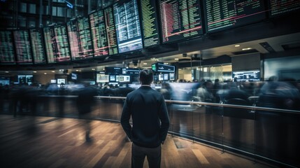Photograph taken with long exposure technique of an investor following the stock market screens. - obrazy, fototapety, plakaty