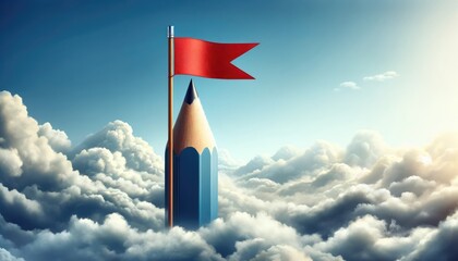 Sky is not the limit. A pencil stands towering, crowned with a red flag, set against a canvas of cloud filled skies. - obrazy, fototapety, plakaty