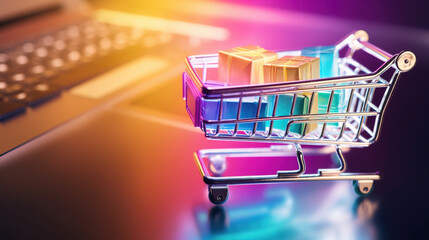 Shopping cart full of gifts with laptop computer in bright neon colors background