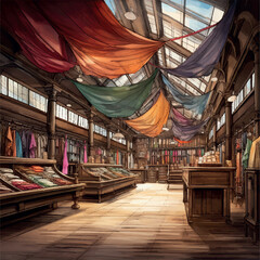 An illustration of an old fabric store with very heavy oak wood interiors