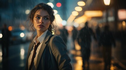 Fototapeta premium Long exposure photo of a businesswoman walking on a crowded street.