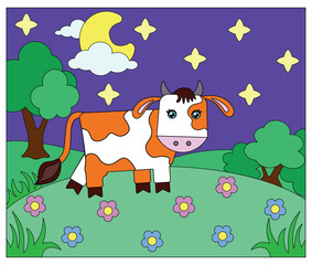 Cow, cute picture with a pet on the background of a night landscape - vector full color drawing. Bull on a night meadow with flowers, moon and stars