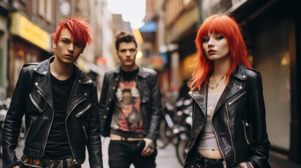 Friends posing confidently in their punk-style clothing on a lively street of the city.