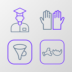 Set line Broken flask, Funnel or filter, Medical rubber gloves and Laboratory assistant icon. Vector