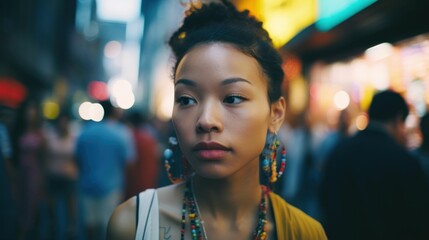 Obraz premium Street style photo of an urban explorer African woman dressed in street style, in the middle of the crowded metropolis.