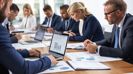 Fototapeta premium Business people working together in office. Group of business people sitting at table and working together.