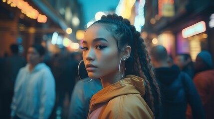 Street style photo of an urban explorer African woman dressed in street style, in the middle of the crowded metropolis.