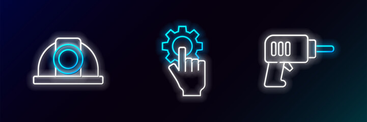 Set line Electric drill machine, Worker safety helmet and Settings the hand icon. Glowing neon. Vector