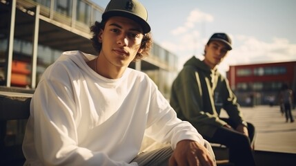 Two cool friends walking around the city streets in their vibrant and colorful clothes on a sunny day.