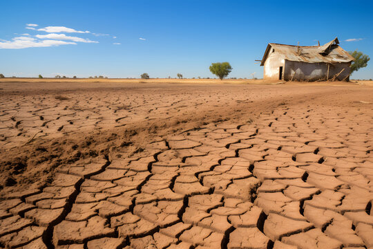 A drought-stricken farm depicting the impact of climate change on agriculture.