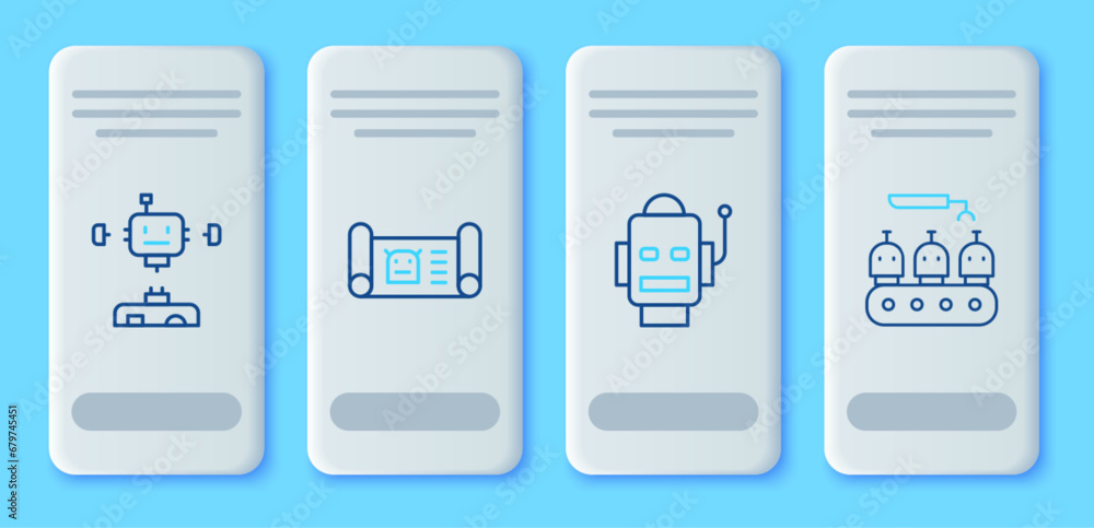 Aufkleber set line robot blueprint, disassembled robot and industrial production of robots icon. vector