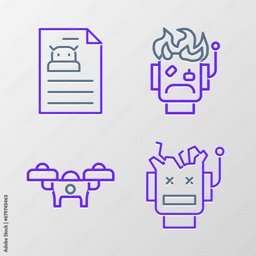 Poster set line broken robot, drone, robot burned out and technical specification icon. vector