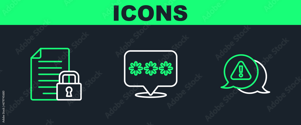 Poster set line exclamation mark in triangle, document and lock and password protection icon. vector