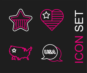 Set line USA Independence day, map, and icon. Vector