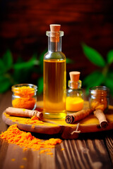 Turmeric essential oil in a bottle. Generative AI,