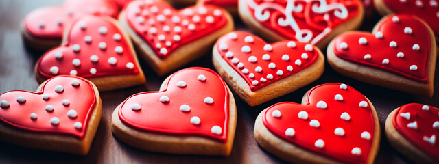 Cookies in the shape of hearts in glaze. Generative AI,