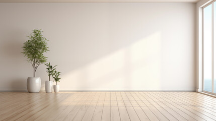 Fototapeta na wymiar Empty modern apartment in minimalistic style with white wall, window, potted plants and free space for product or text. Generative AI.