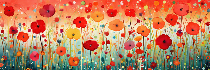 Pretty abstract meadow with a plethora of colorful wild flowers in bloom, poppy and daisies with cosmos floral background illustration - delightful and dazzling 
vivid red and blue with bright orange. - obrazy, fototapety, plakaty