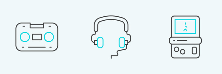 Set line Tetris, Retro audio cassette tape and Headphones icon. Vector