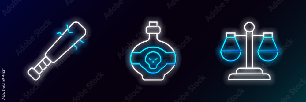 Sticker Set line Scales of justice, Baseball bat with nails and Poison in bottle icon. Glowing neon. Vector