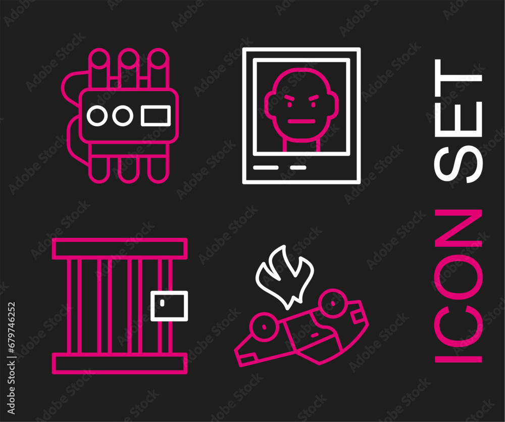 Poster set line burning car, prison window, wanted poster and dynamite and timer clock icon. vector