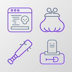 Set line Grave with tombstone, Baseball bat nails, Wallet and System bug icon. Vector