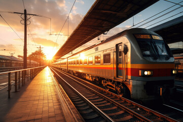 Railway station with modern commuter train with sunshine