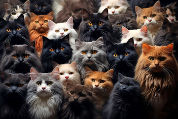Katzen - Viele Tierköpfe füllen das Bild aus. Niedliche Tiere schauen zum Betrachter - obrazy, fototapety, plakaty