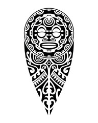 tattoo sketch maori style for leg or shoulder with sun symbols face. Black and white.
