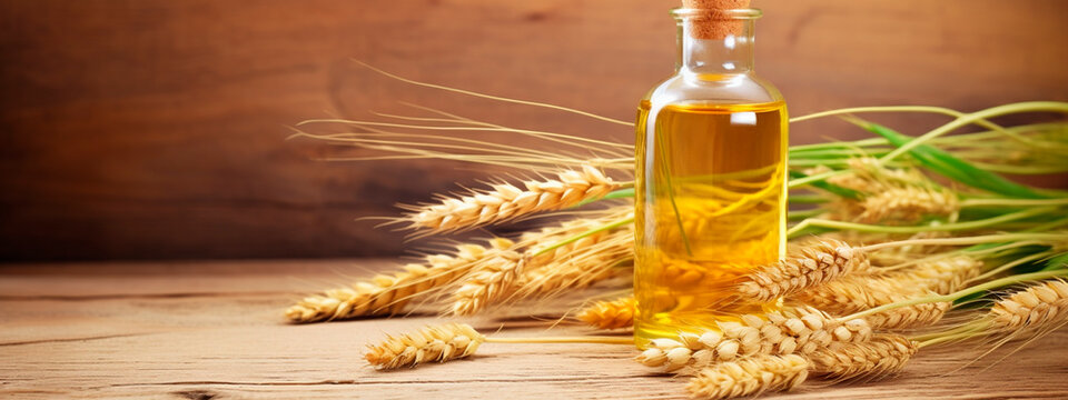 Wheat germ essential oil in a bottle. Generative AI,