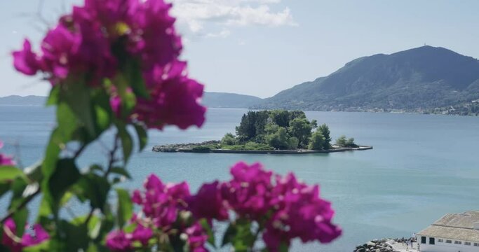 Aerial view of mouse island (Pontikonisi) on Corfu, Kerkyra, Greece