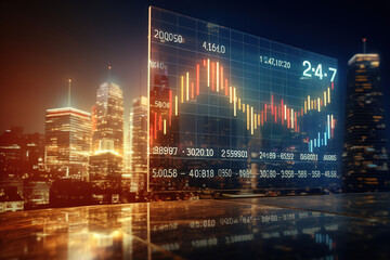Financial chart on screen with city backdrop. Investment and trading background for stock, crypto, forex market. Cityscape at night. - obrazy, fototapety, plakaty