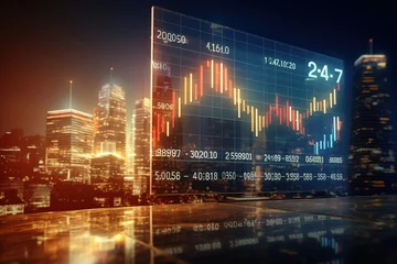 Fototapeten Financial chart on screen with city backdrop. Investment and trading background for stock, crypto, forex market. Cityscape at night. © RBGallery