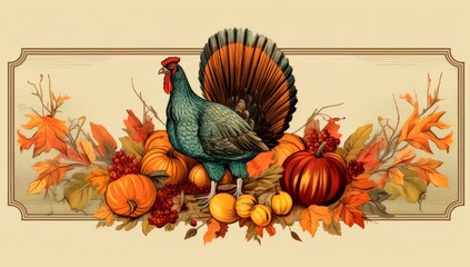 Vintage style thanksgiving  card with turkey, pumpkins  and xmas ornaments and decorations, banner wallpaper, copy space for text