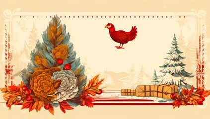 Vintage style thanksgiving  card with turkey, pumpkins christmas tree  and xmas ornaments and decorations, banner wallpaper, copy space for text