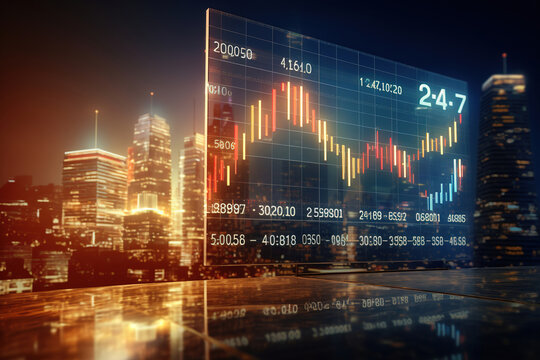 Financial chart on screen with city backdrop. Investment and trading background for stock, crypto, forex market. Cityscape at night.